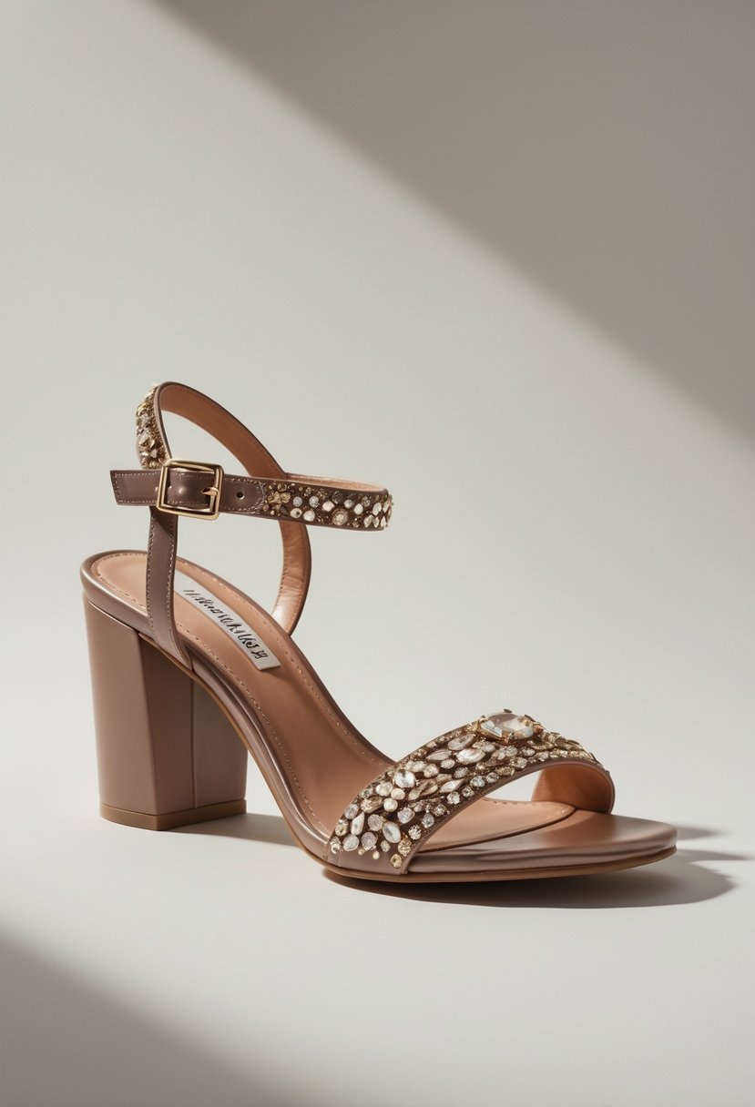 A single embellished sandal displayed on a plain background.