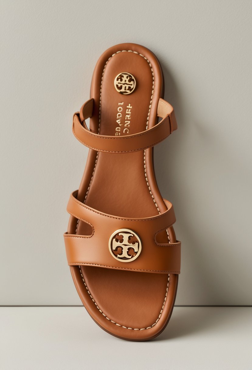 A tan leather sandal with a decorative logo medallion on a neutral background.