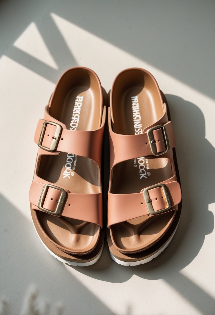 A pair of Birkenstock Arizona Platform Sandals with two straps and a thick sole displayed on a plain background.