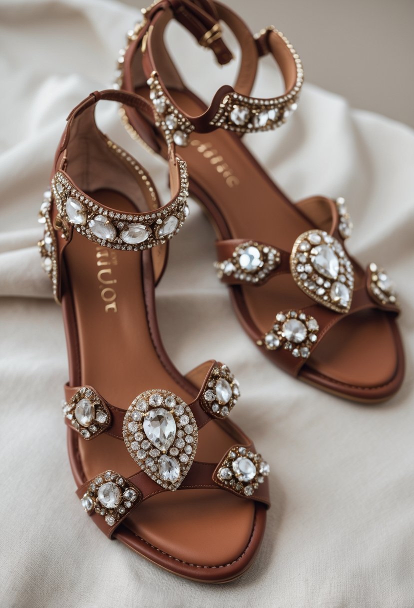 A pair of jeweled leather sandals displayed on a neutral background.
