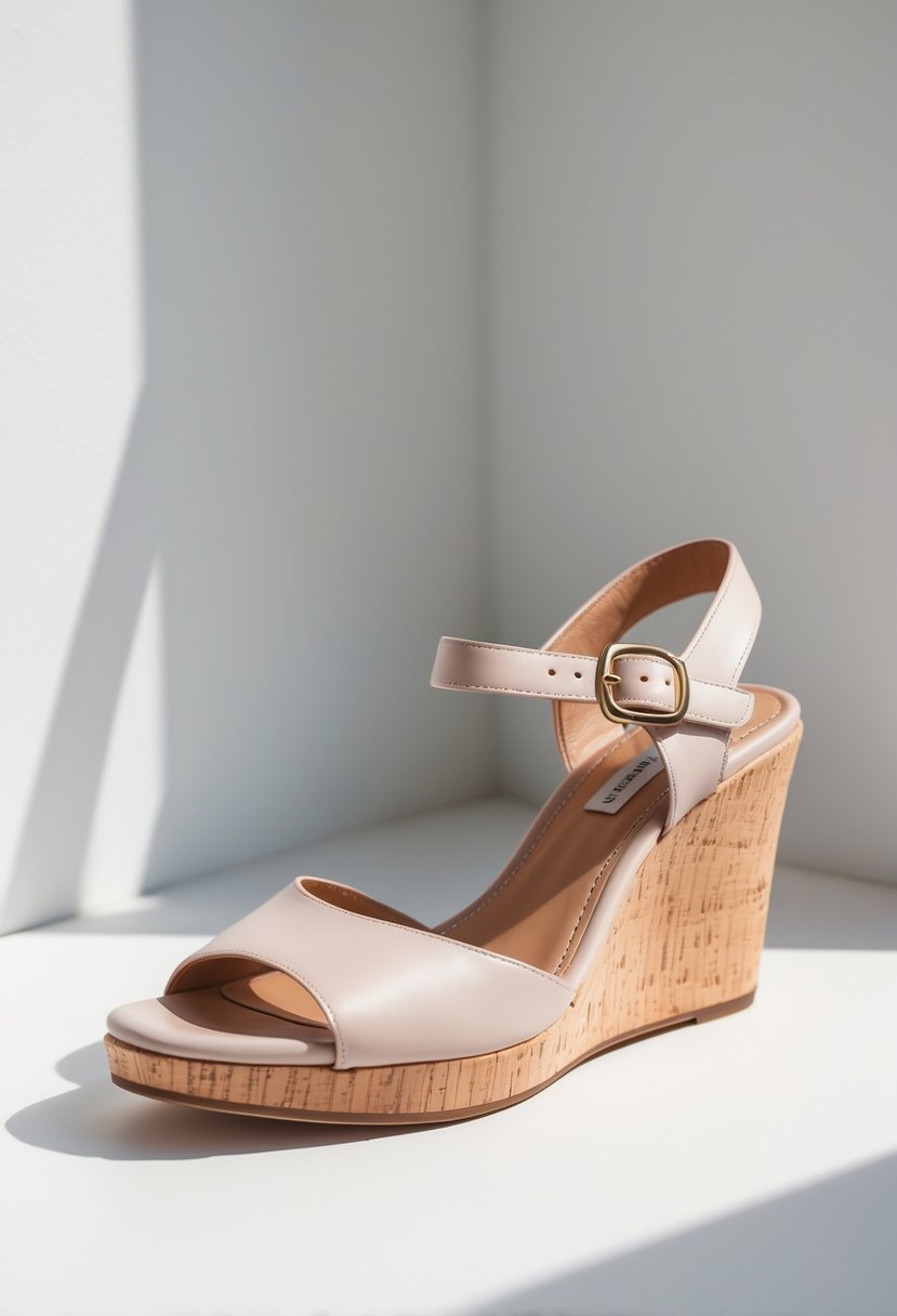 A single women's wedge sandal on a white background.