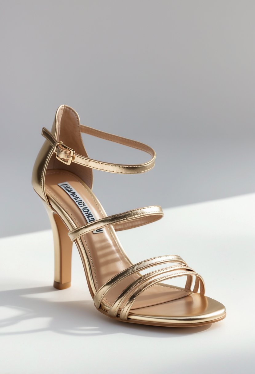 A single women's fancy sandal with multiple thin straps and a moderate heel on a white background.