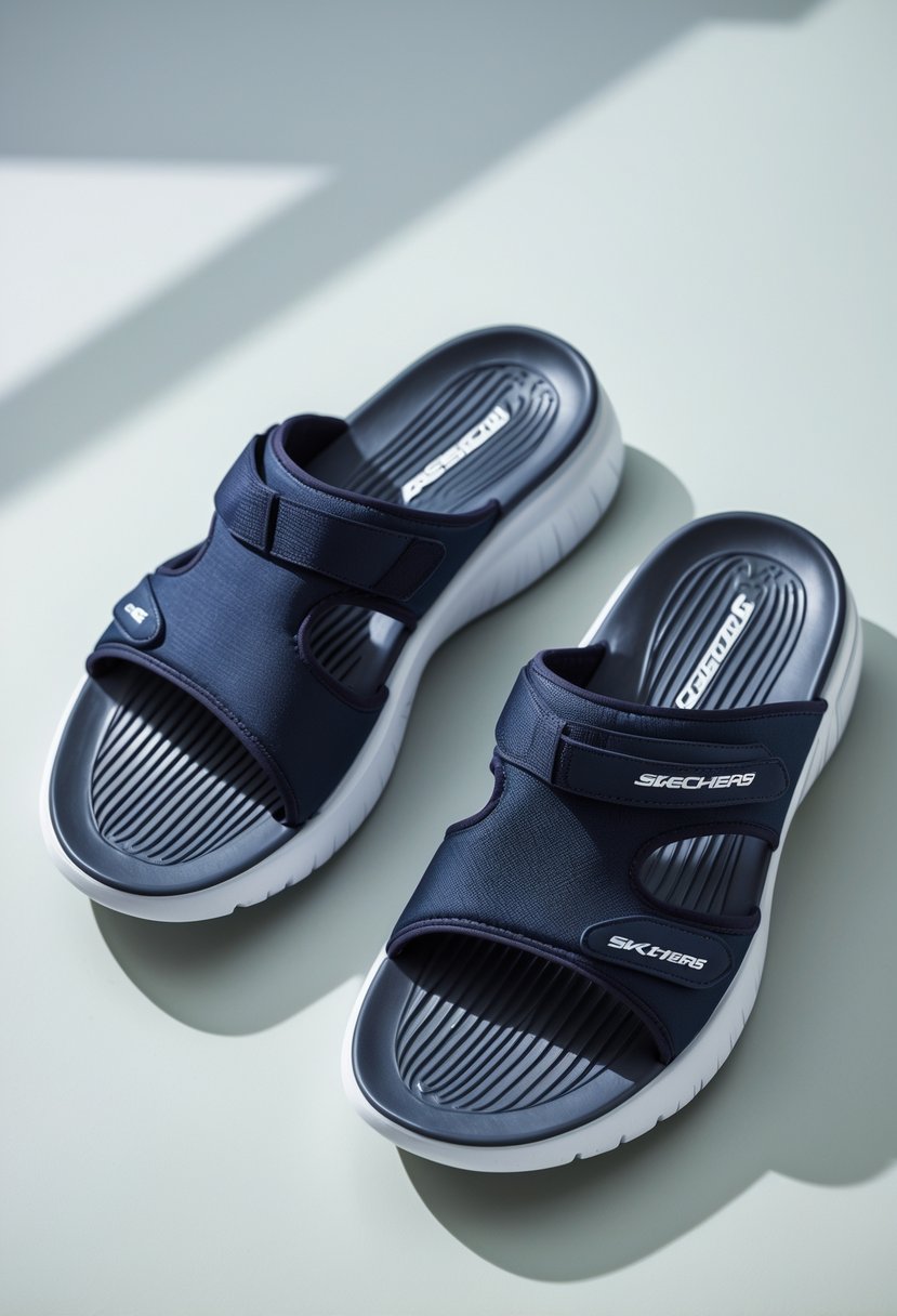 A pair of sporty slide sandals displayed on a neutral background.