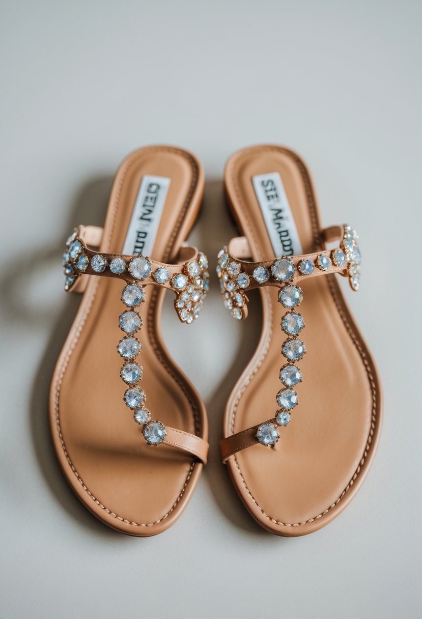 A pair of jeweled flat sandals displayed on a plain background.