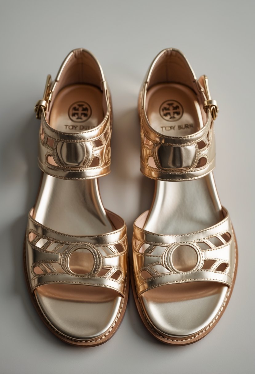 A pair of metallic sandals displayed on a neutral background.