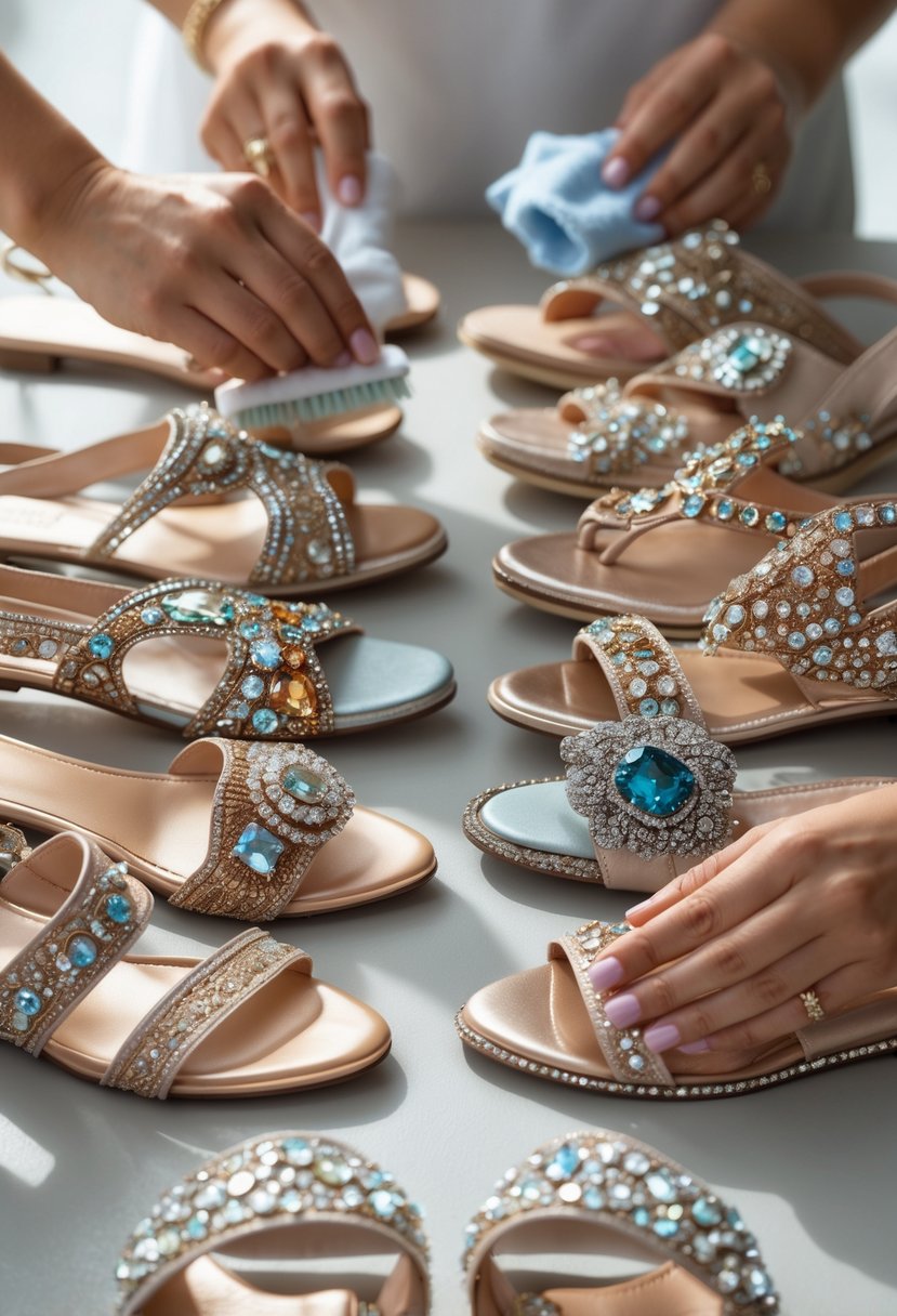 Hands gently cleaning and caring for a collection of 14 embellished designer sandals arranged on a surface.
