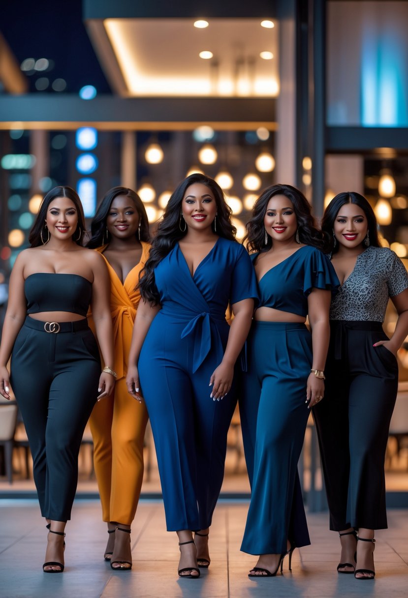 Nine plus size women standing together outdoors at night, wearing different stylish date night outfits and smiling.