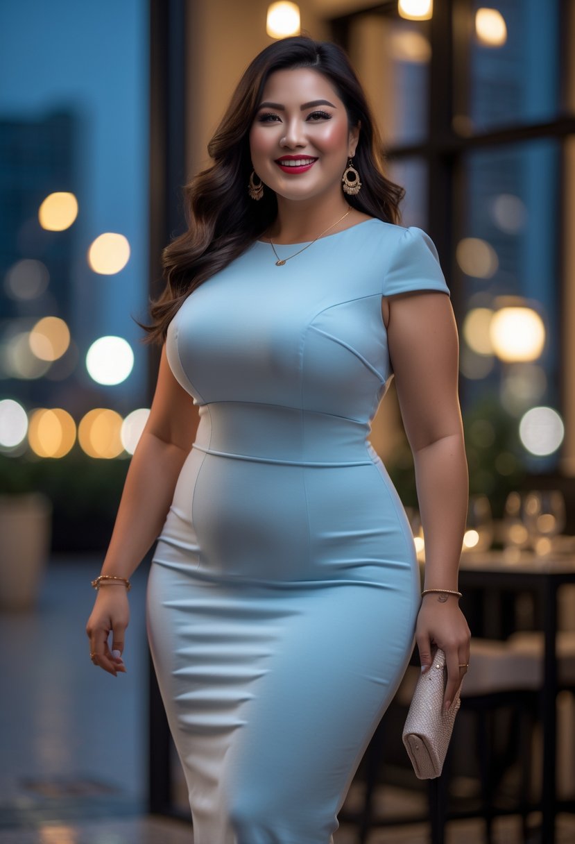 A plus size woman wearing a fitted midi dress standing outdoors in an evening city setting, smiling confidently.