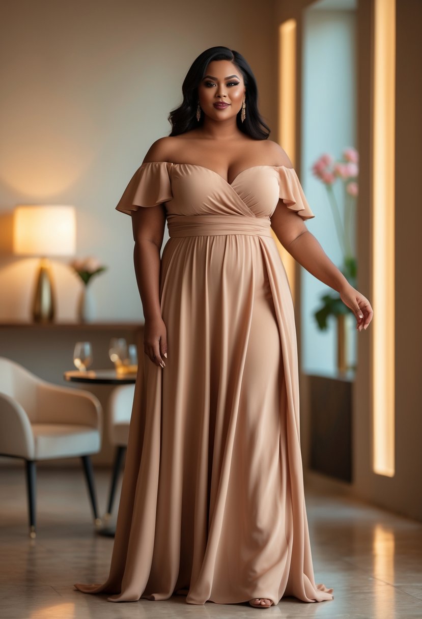 A plus size woman wearing an off-shoulder maxi dress poses indoors in a softly lit room.