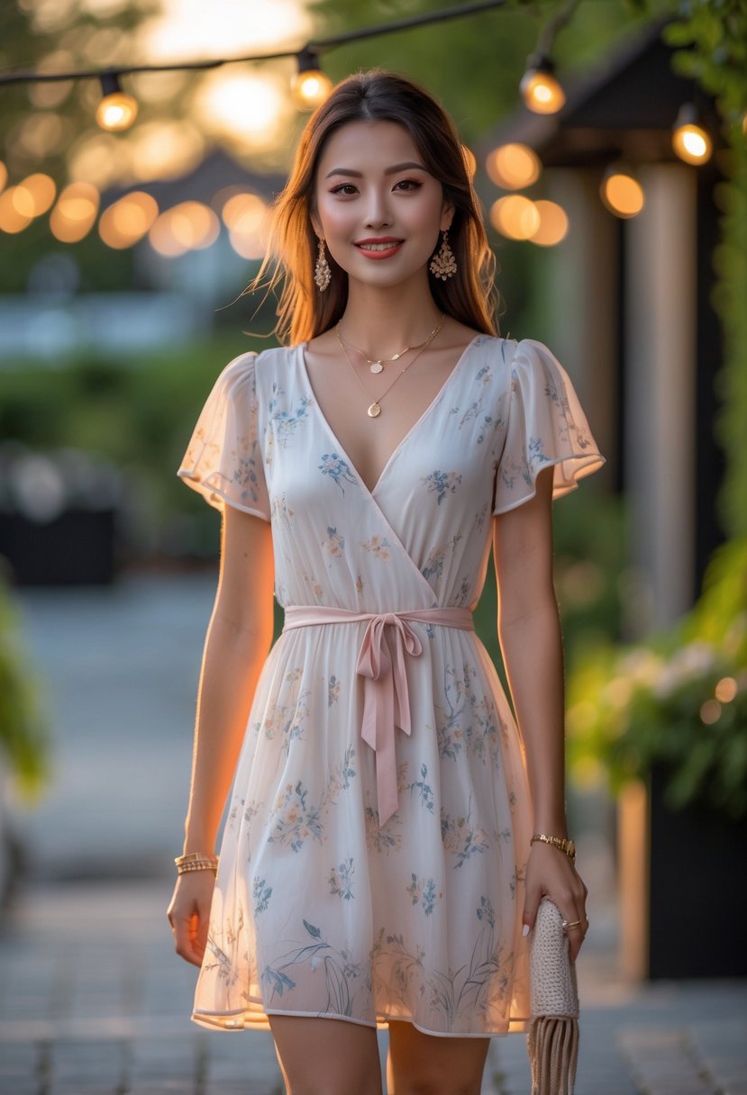 A young woman standing outdoors in a summer dress during sunset, surrounded by soft lights and greenery.