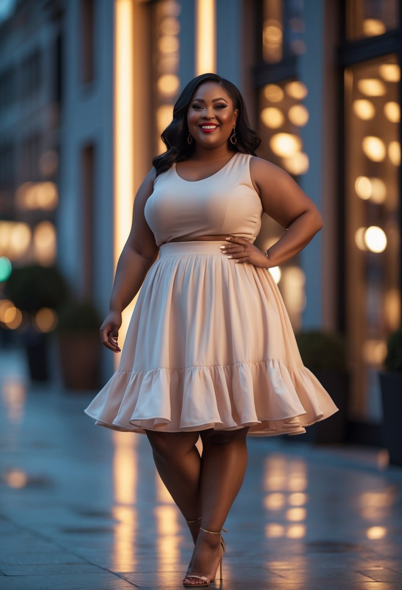 A plus size woman standing outdoors in the evening wearing a ruffled skirt and smiling confidently.
