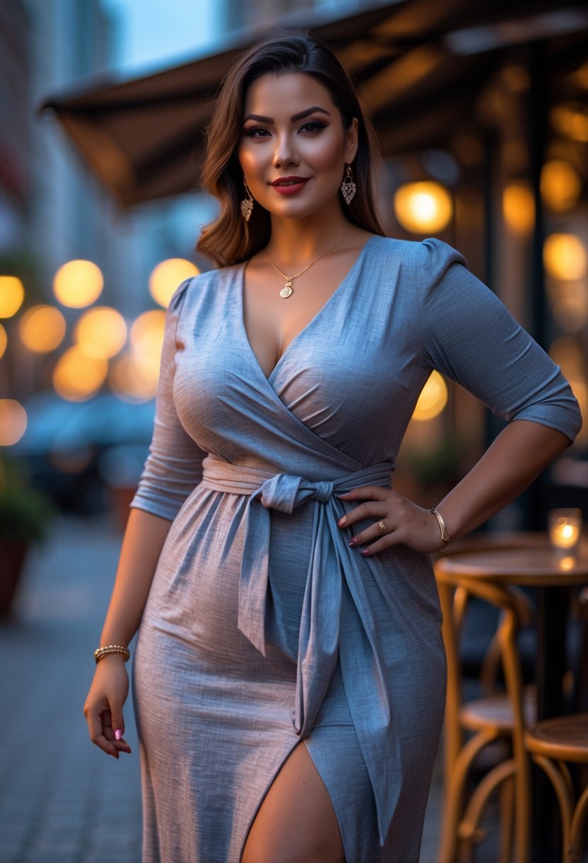 A plus-size woman stands outdoors at dusk wearing a belted wrap dress, with city lights softly glowing in the background.