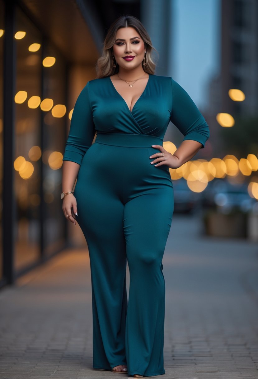 A plus size woman standing outdoors at night wearing a fitted jumpsuit, smiling confidently.