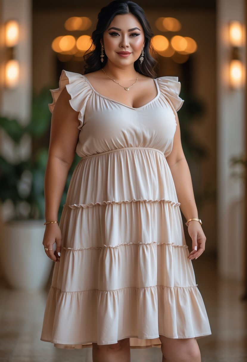 A plus size woman wearing a ruffly tiered midi dress standing indoors with warm lighting.