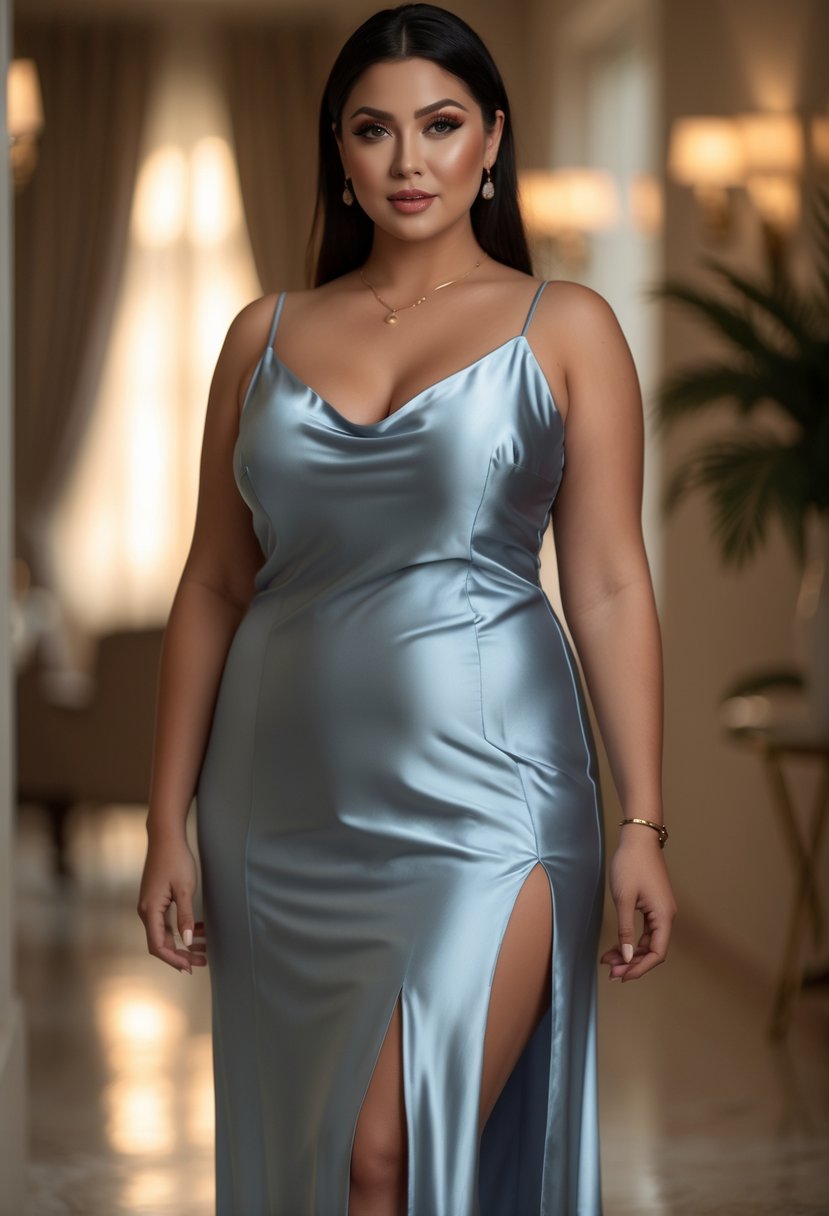 A plus size woman standing indoors wearing a satin slip dress with a side slit.