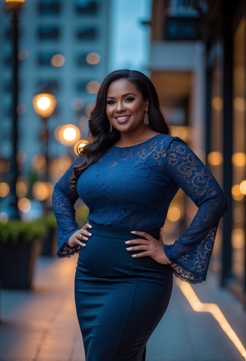 A plus size woman standing outdoors at night wearing a long-sleeve lace top and pencil skirt, smiling and posing confidently.