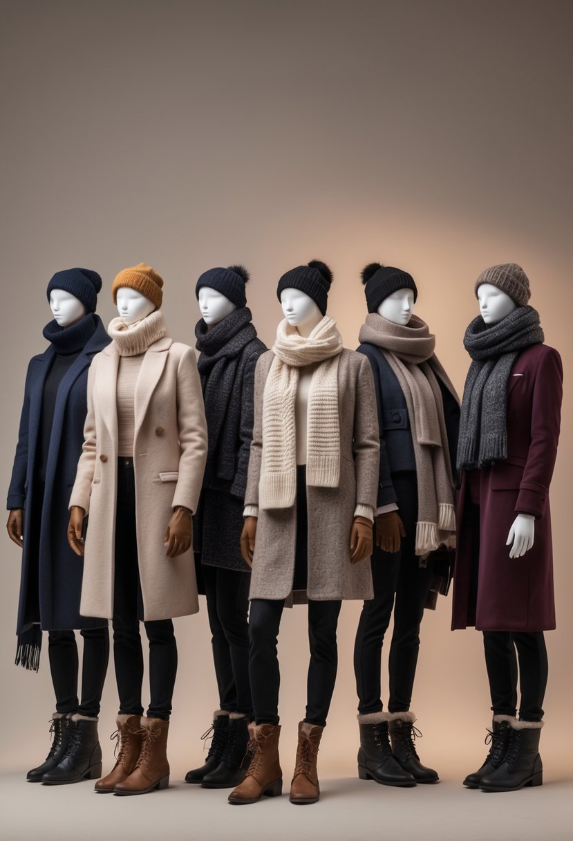Eight mannequins displaying different winter outfits suitable for a date night, arranged in a studio setting.
