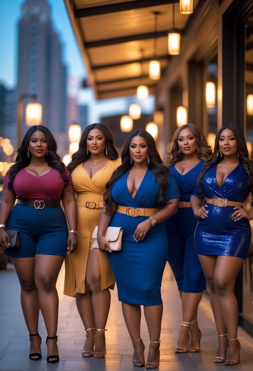 Nine plus size women posing confidently outdoors in fashionable evening outfits with city lights in the background.