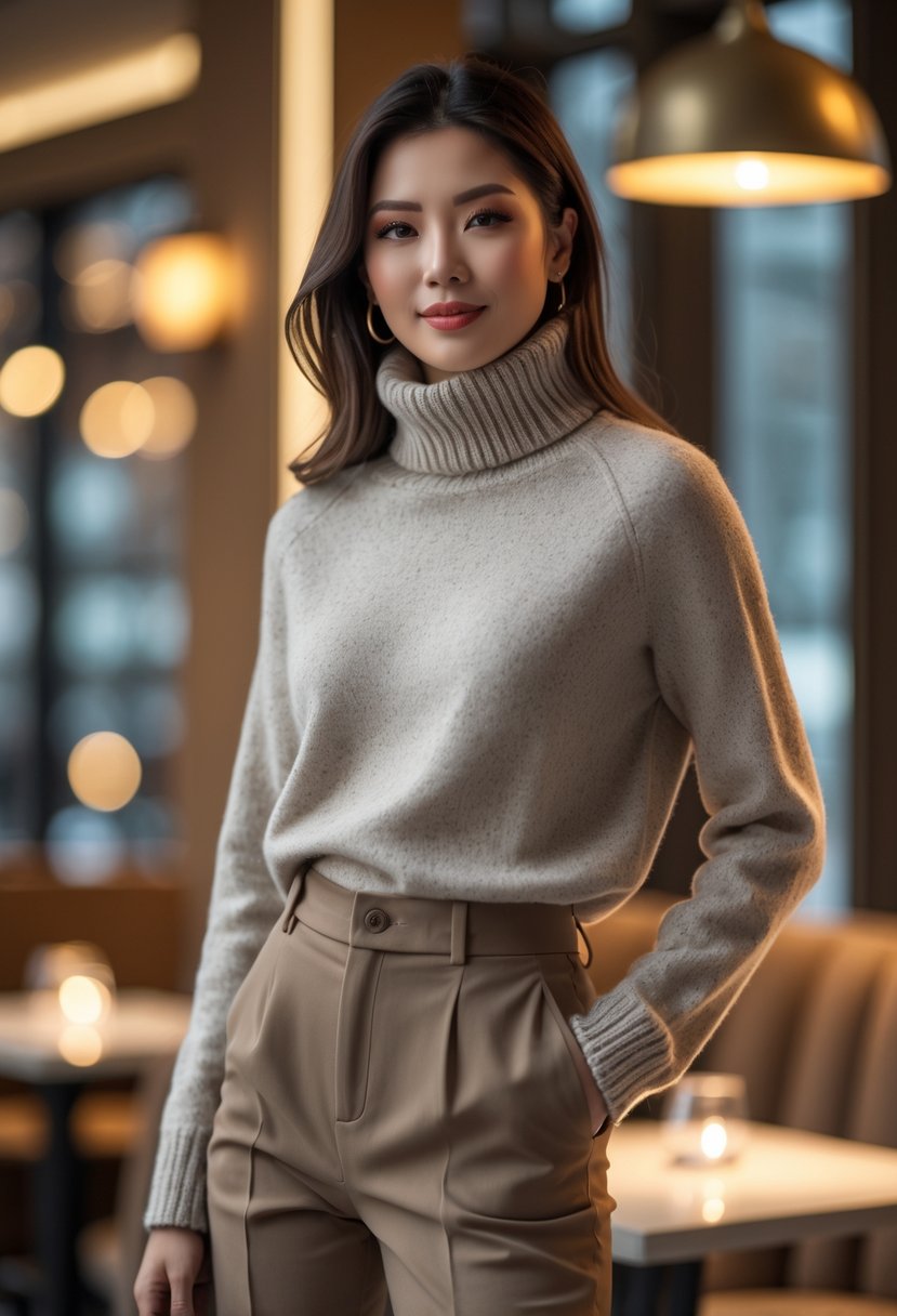 Person wearing a wool turtleneck sweater and high-waisted tailored trousers indoors in a warm setting.