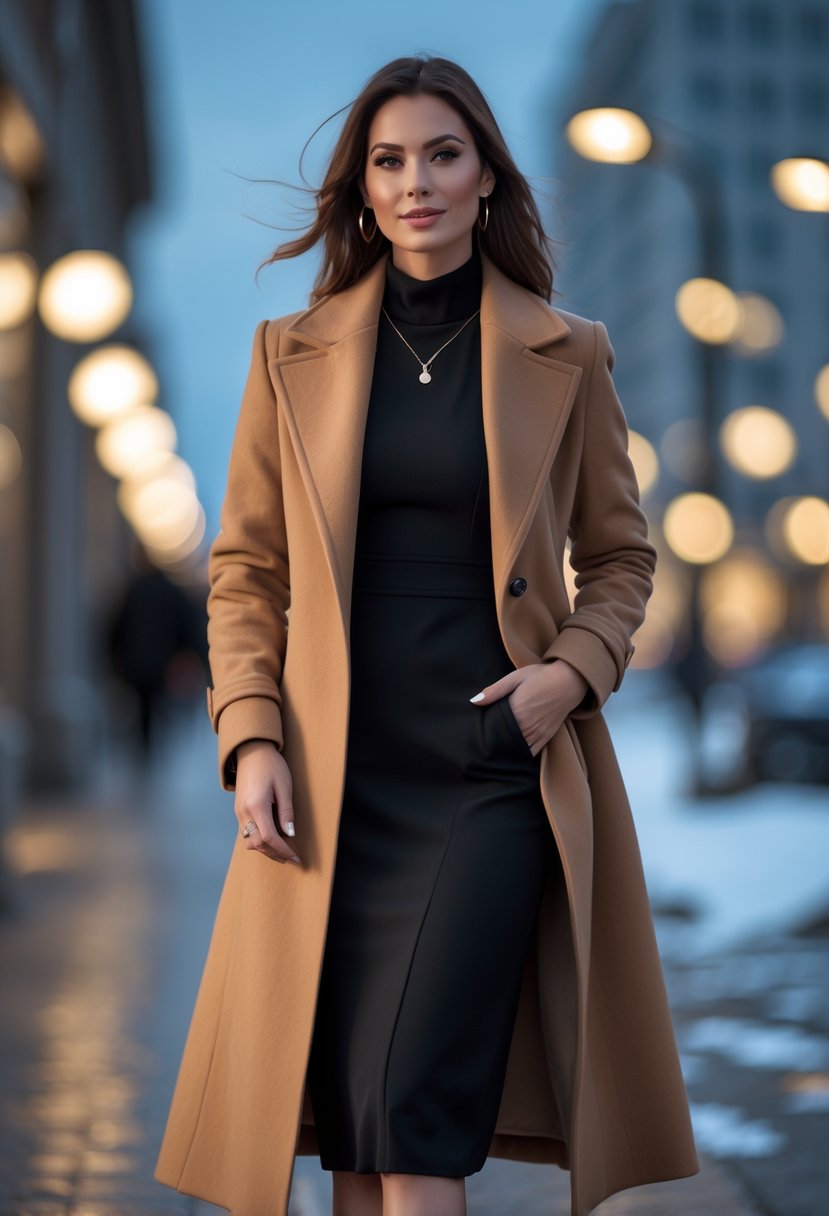 A woman wearing a camel coat over a black midi dress standing outdoors in an urban winter evening setting.