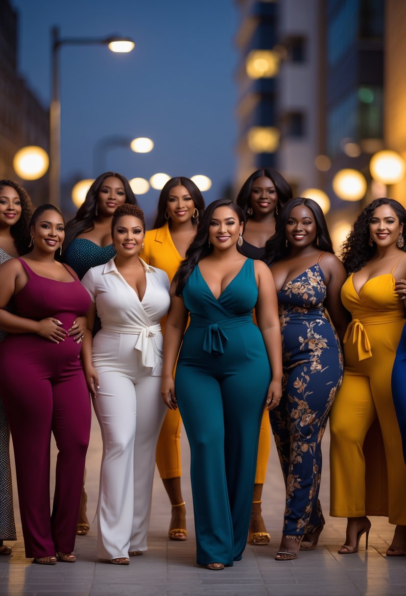 Nine plus-size women standing together outdoors in stylish evening outfits, smiling confidently in a softly lit urban setting.