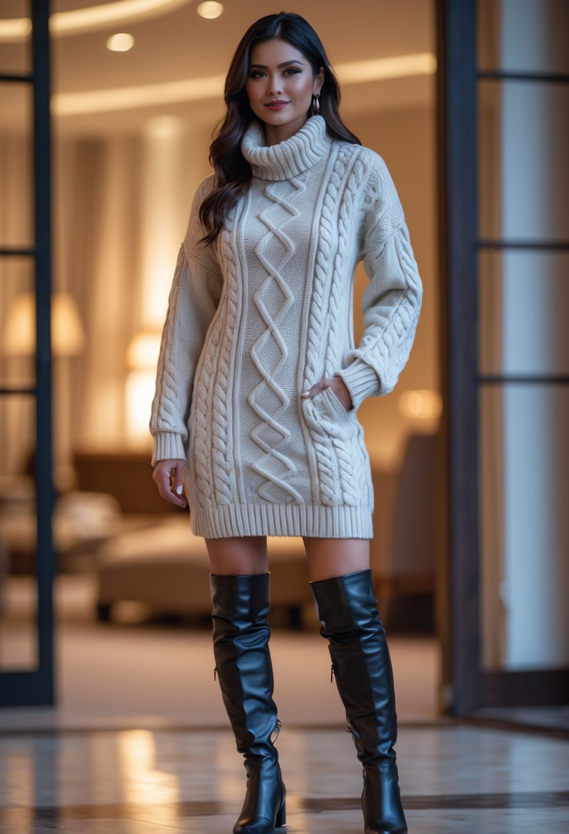 A woman wearing a chunky knit sweater dress and knee-high leather boots standing indoors.