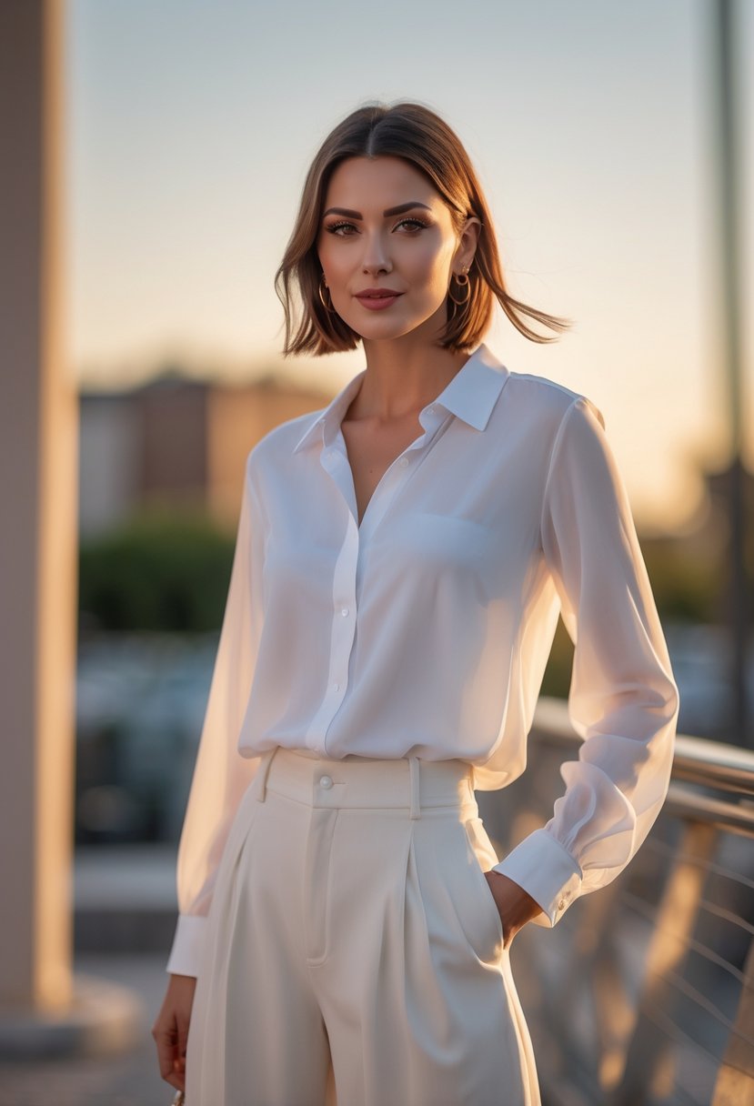 A woman wearing a white blouse tucked into wide-leg trousers standing outdoors in soft evening light.