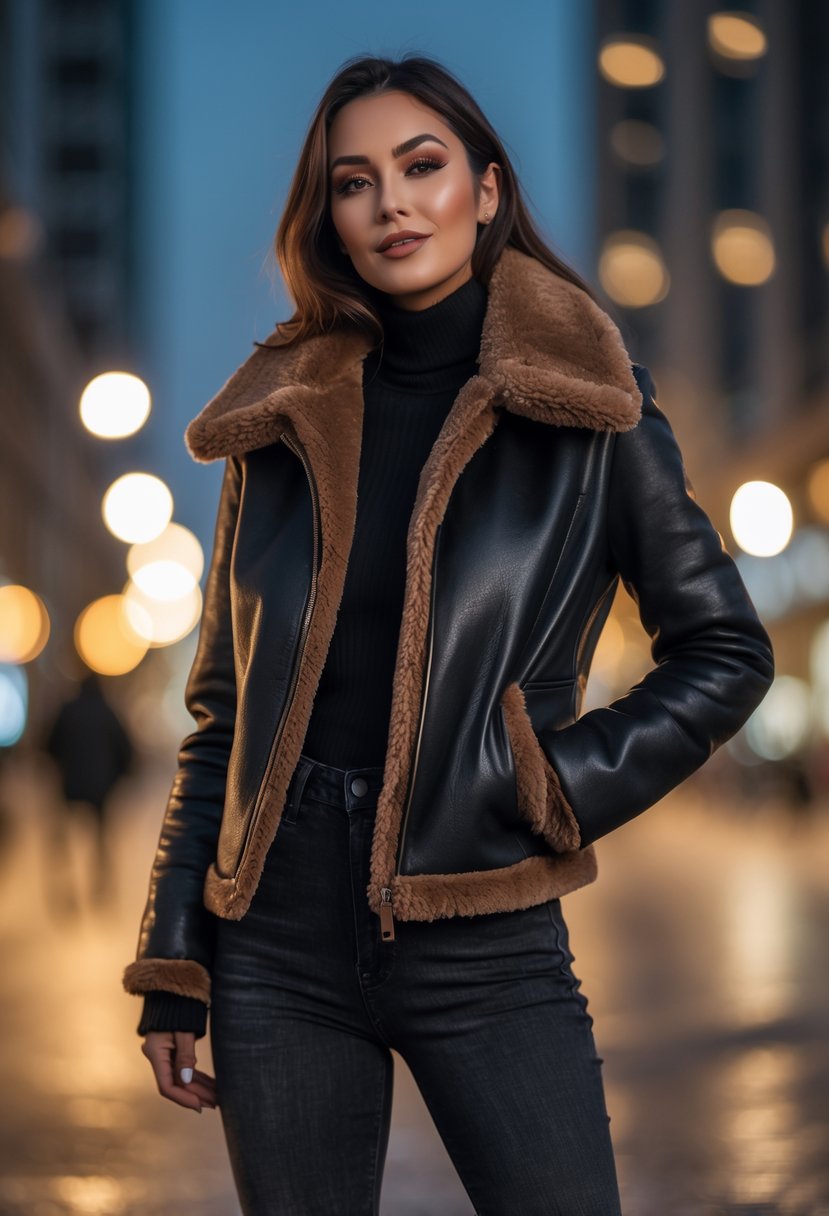Person wearing a fur-lined leather jacket and dark jeans standing outdoors at night with blurred city lights in the background.