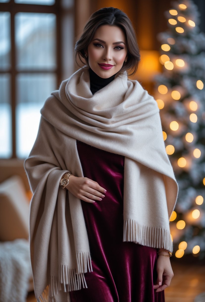 A woman wearing a cashmere wrap scarf and velvet slip dress indoors with soft lighting.