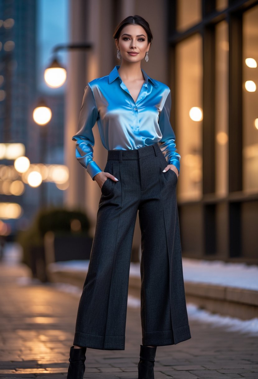 A woman standing outdoors in winter evening wearing a blouse, wide pants, and ankle boots.