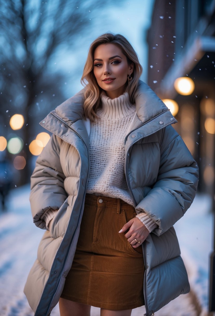 A woman wearing a puffer coat, fitted sweater, and corduroy skirt standing outdoors on a winter evening.