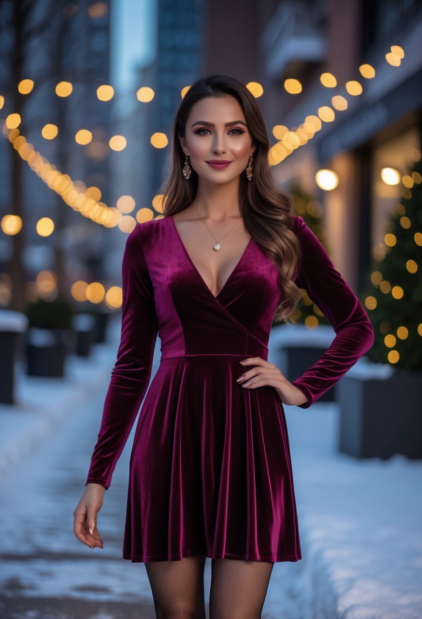 A woman standing outdoors at night wearing a long-sleeve dress and sheer tights.