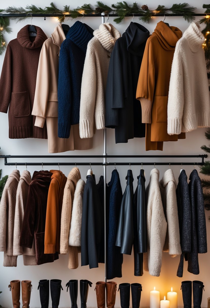 A display of eight winter date night outfits featuring different warm fabrics and accessories arranged in a cozy indoor setting.