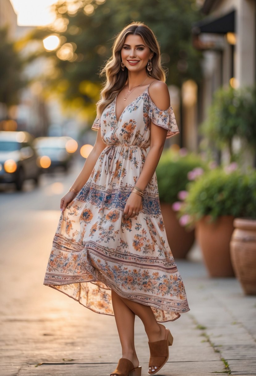 A woman standing outdoors in a floral dress and mules during a summer evening, smiling gently with a blurred street background.