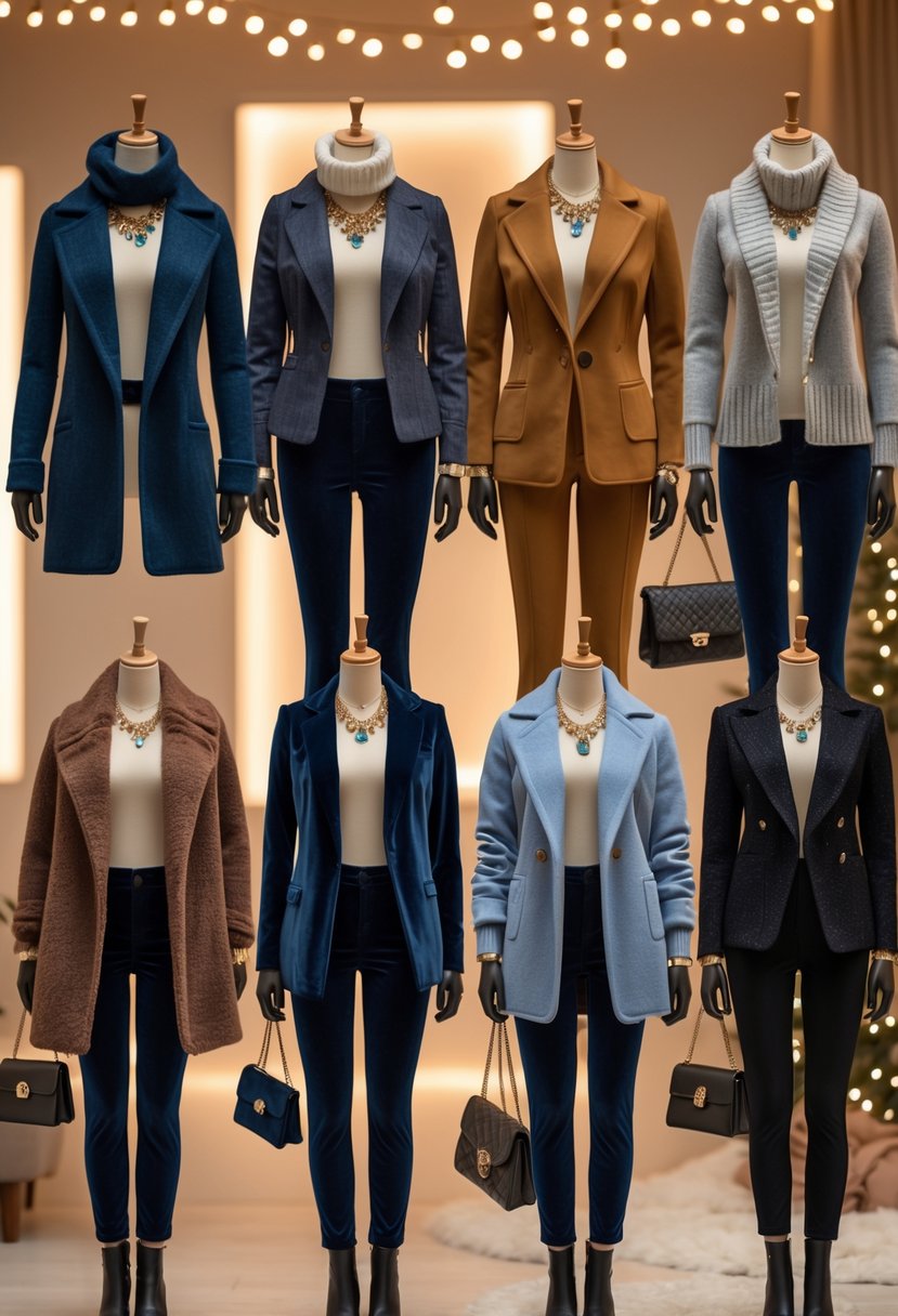 Eight winter date night outfits displayed with matching accessories in a warm indoor setting.