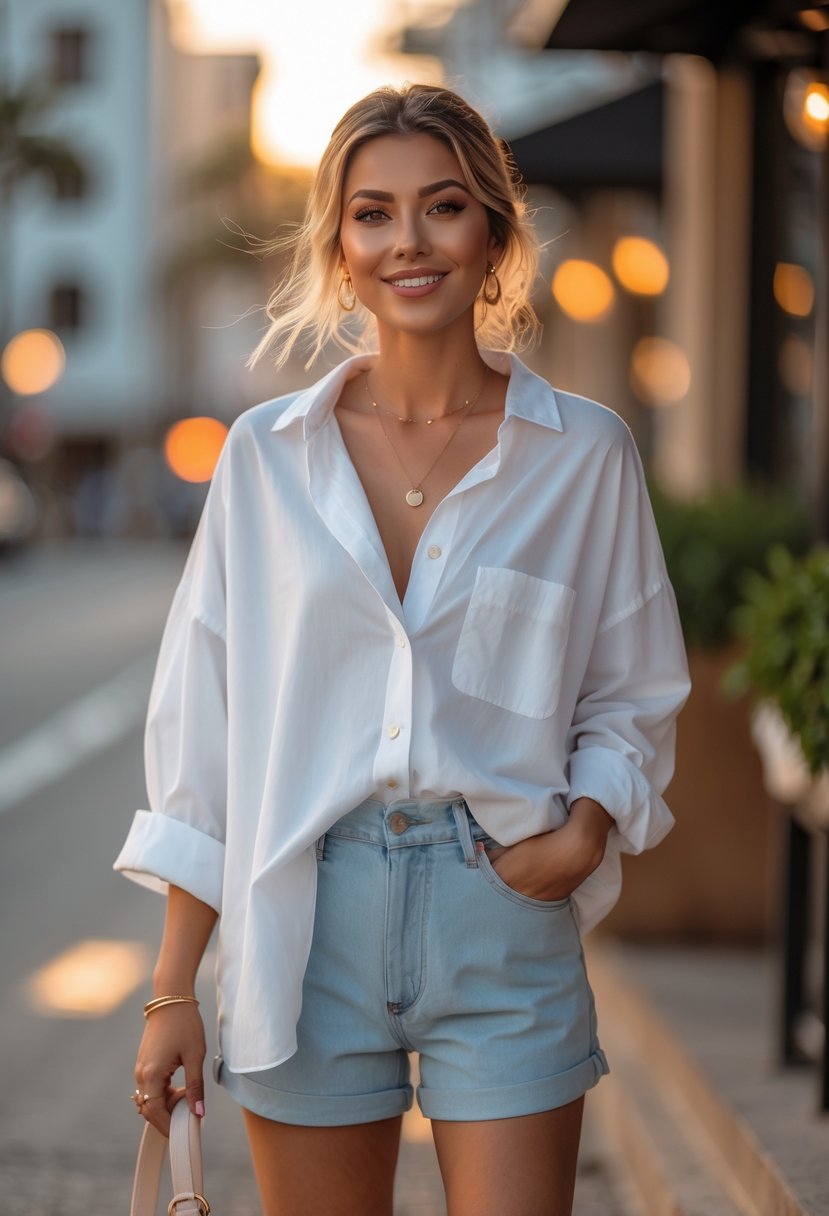 A young woman standing outdoors wearing an oversized white button-down shirt and denim shorts, smiling gently with a blurred urban background.
