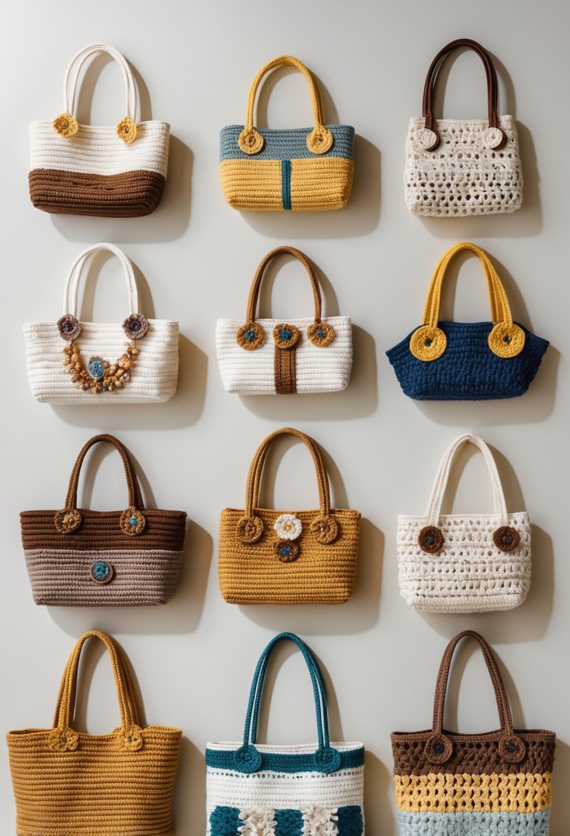 Eleven crochet handbags of different patterns and styles arranged on a neutral background.