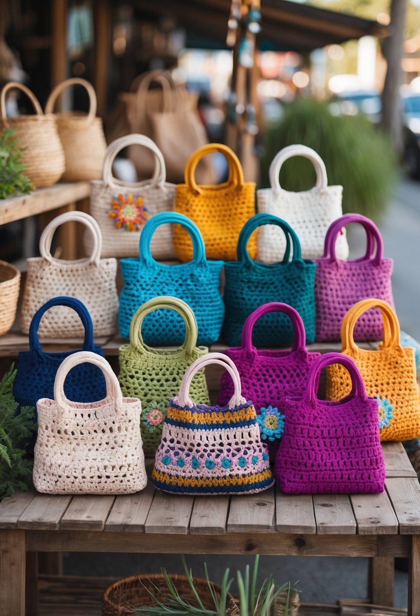 A collection of eleven colorful crochet handbags displayed on a wooden table outdoors with greenery in the background.