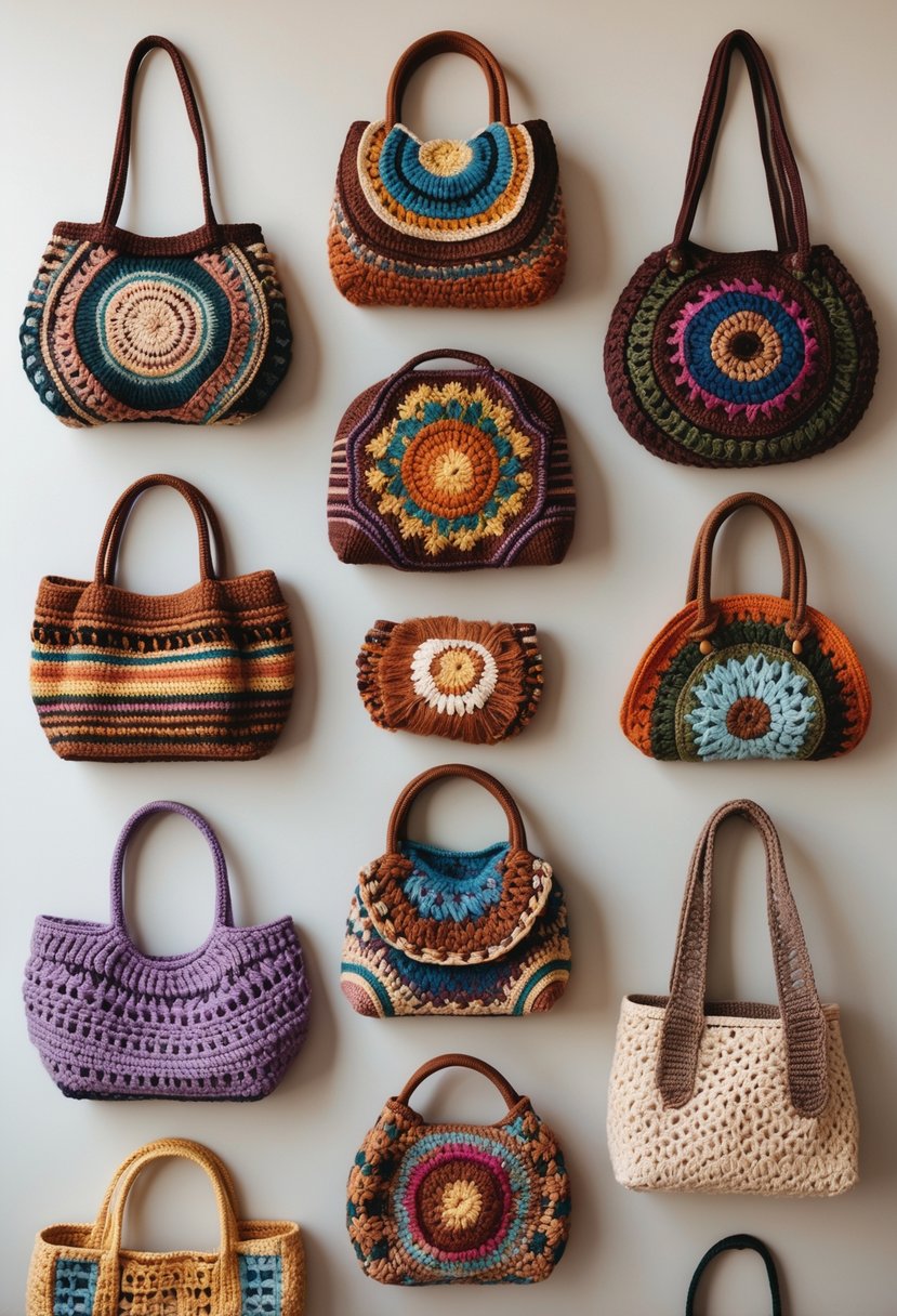 A collection of eleven colorful crocheted handbags arranged on a neutral background.