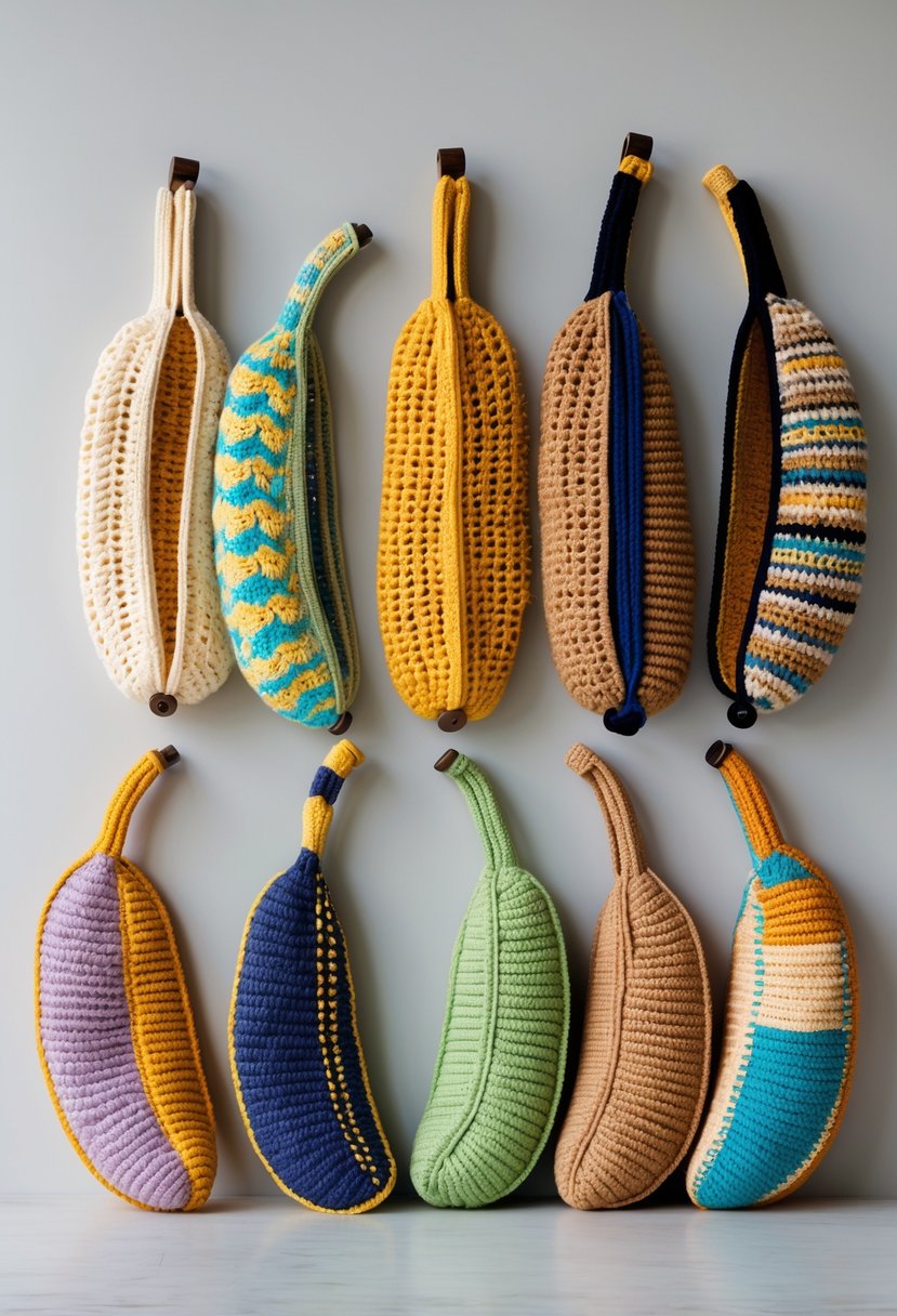 A collection of eleven banana-shaped crochet handbags displayed on a neutral background.