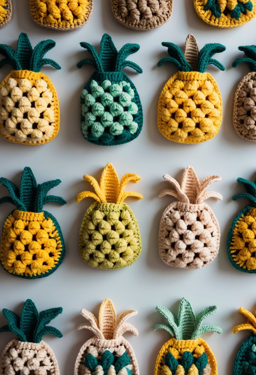 Eleven crochet handbags with pineapple-inspired designs arranged on a plain surface.