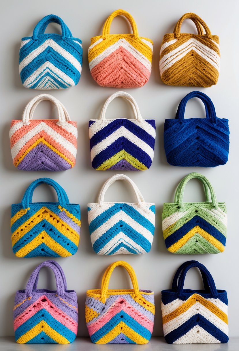 A collection of eleven crochet handbags with chevron patterns arranged on a neutral background.
