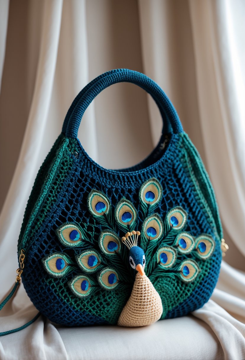 A colorful crochet handbag designed to look like a peacock tail, displayed on a neutral background.