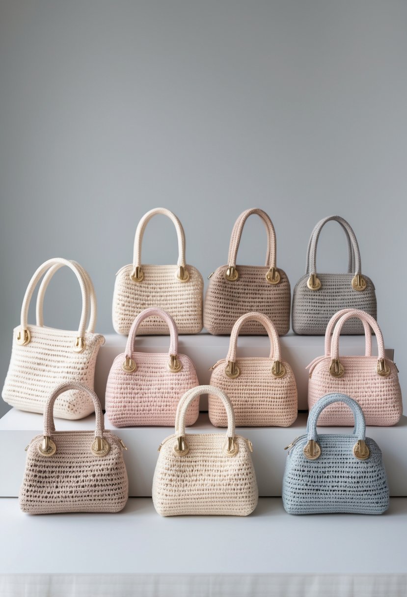 Eleven crochet handbags with flat bottoms arranged on a white surface against a light gray background.