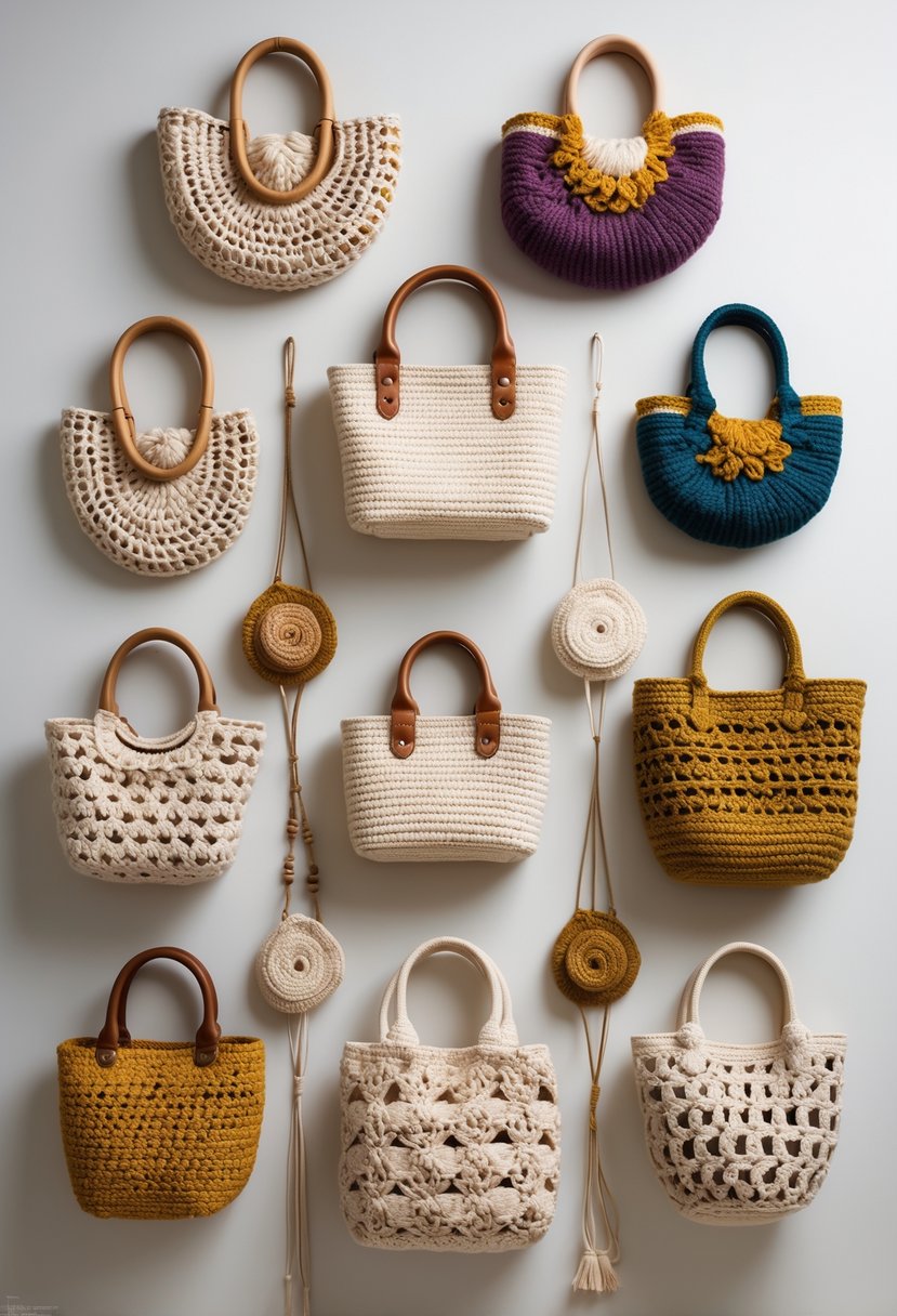 Eleven crochet handbags of different shapes and colors arranged on a neutral surface.