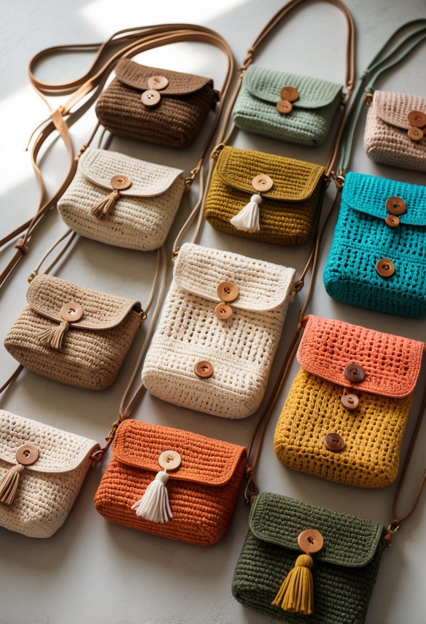 Eleven crossbody crochet handbags in various colors and patterns arranged on a light surface.