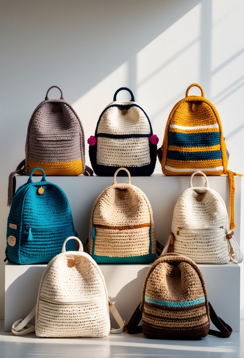 A collection of eleven crochet backpacks and handbags displayed together on a neutral background.