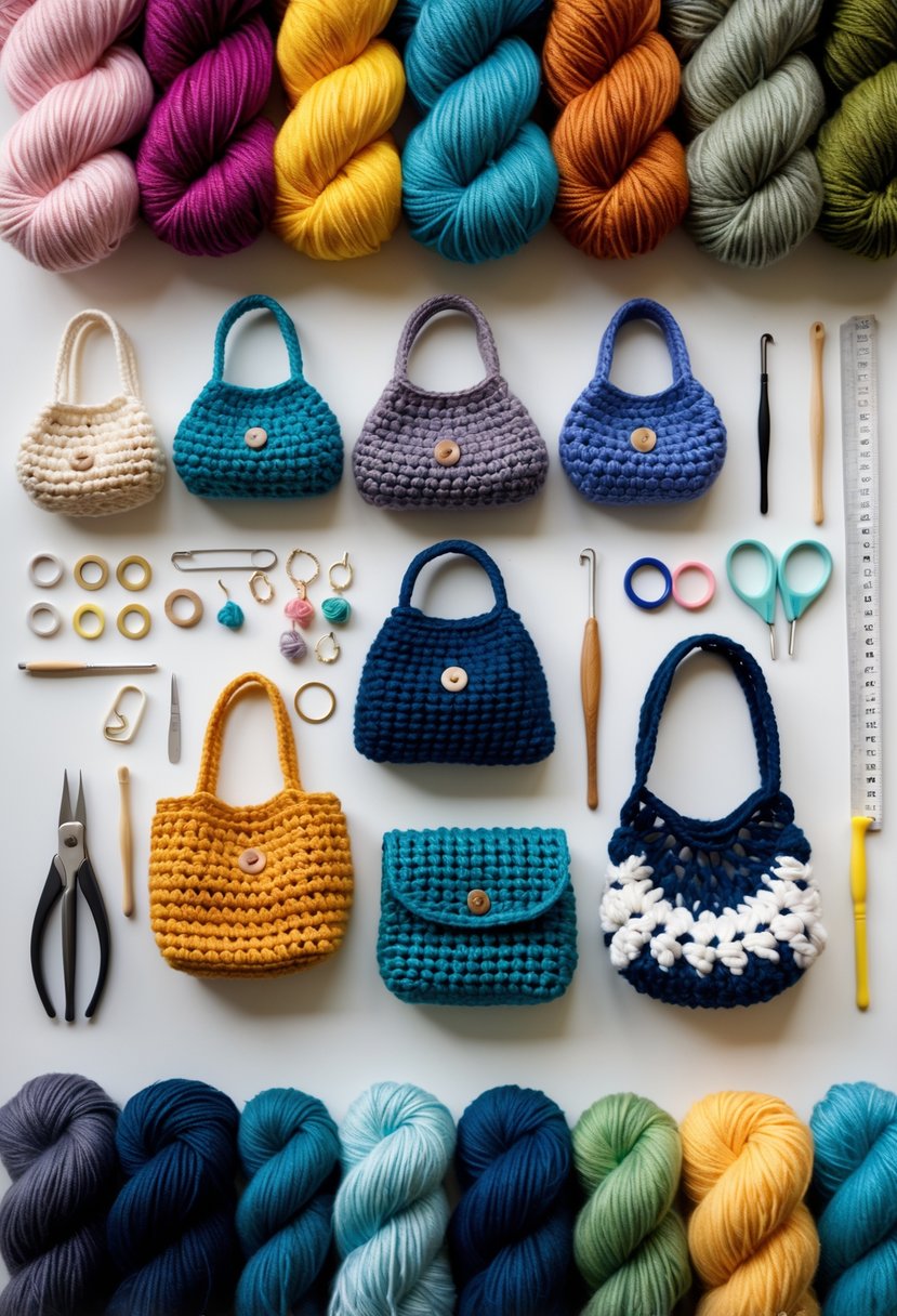A flat lay of crochet materials including yarn, crochet hooks, scissors, and 11 different crochet handbags arranged on a clean surface.